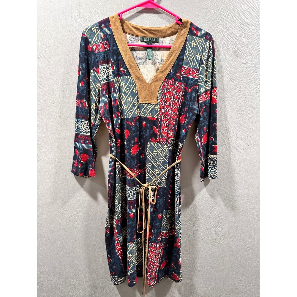 Lauren Ralph Lauren Patchwork Print Dress Faux Suede Trim Navy Red Large L